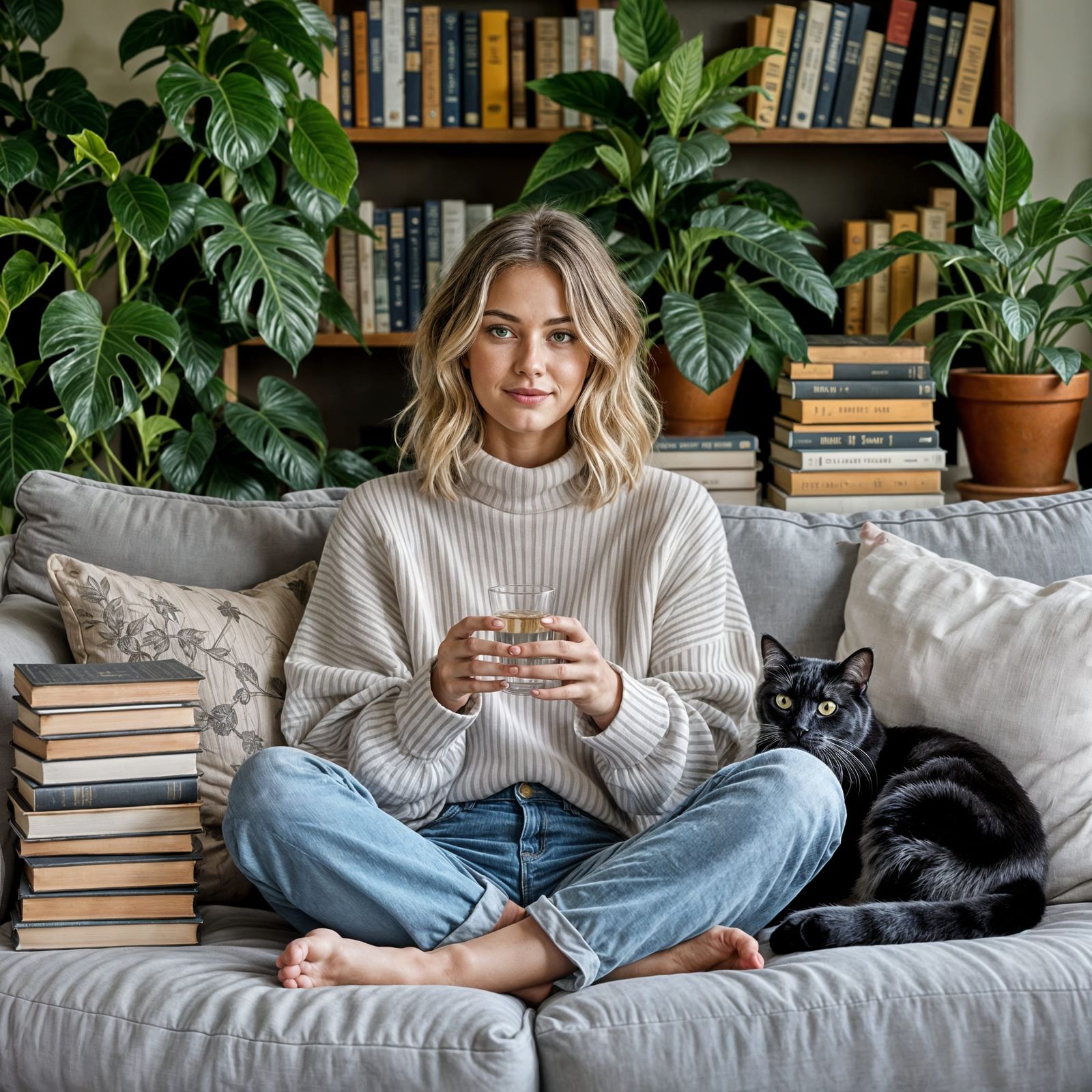 Woman, Cat, Books, and Gin on Grey Sofa