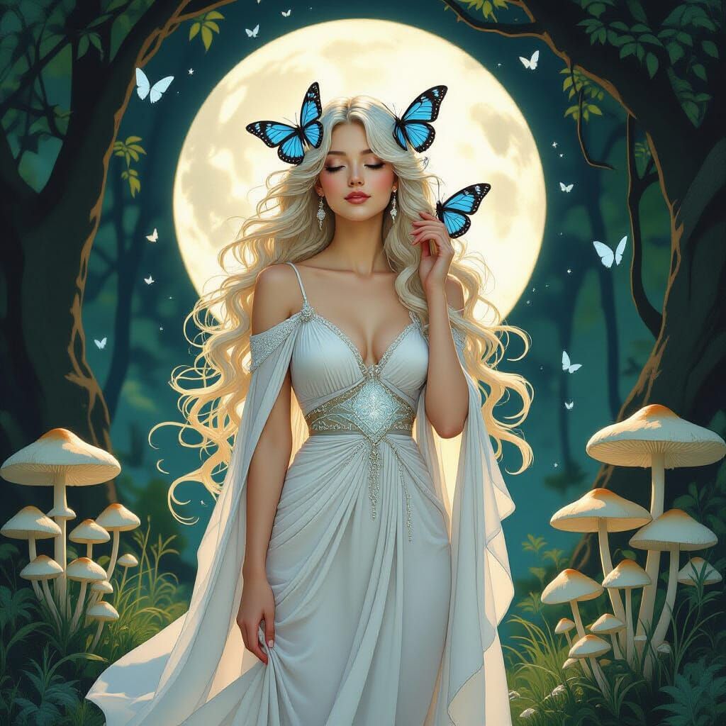 Moonlit Goddess in Hidden Glade, Art Nouveau Style