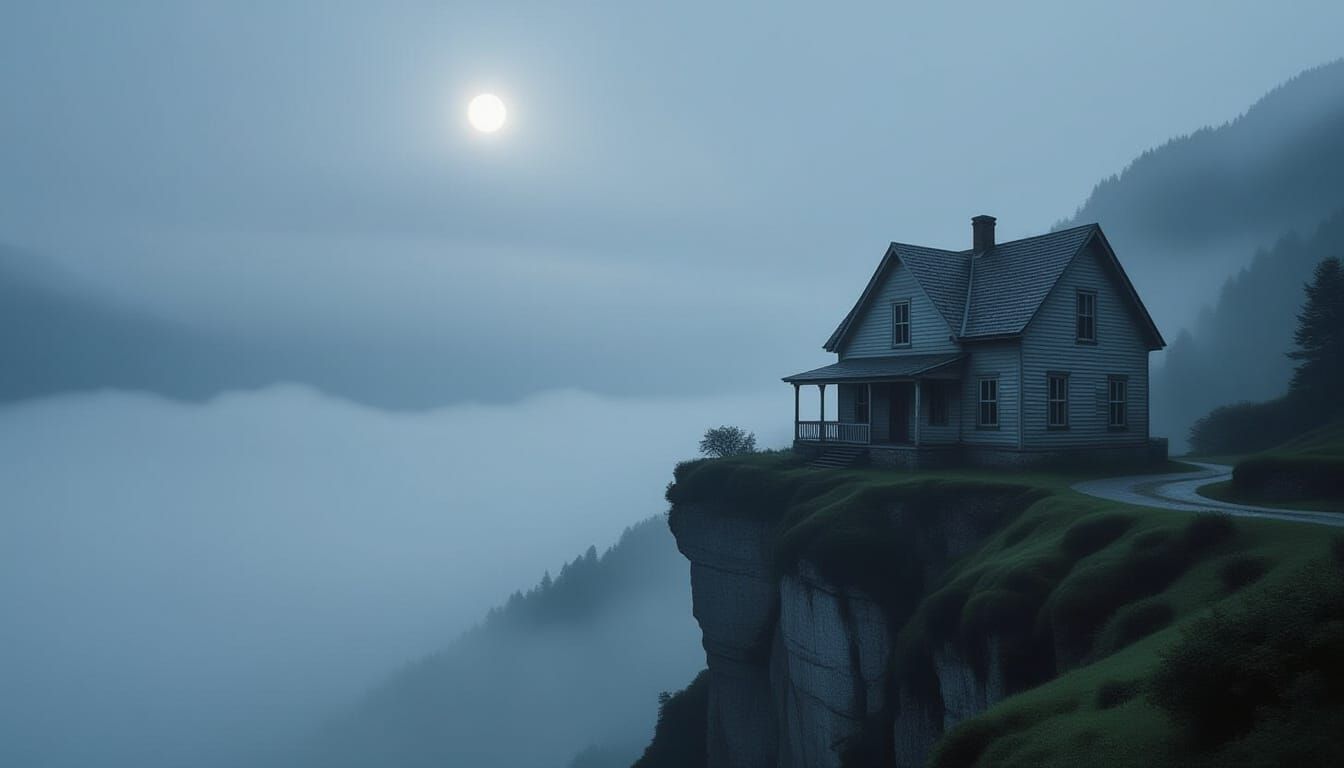 Eerie Moonlight on Foggy Mountain Cliff House