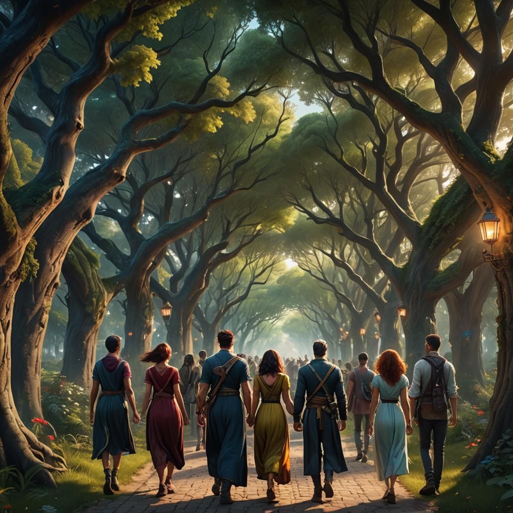 Joyful Walk Down Tree-Lined Path: Fantasy Concept Art