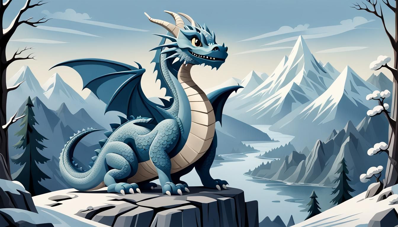 Slate blue coloured pet dragon in the style of Mary Blair, S...