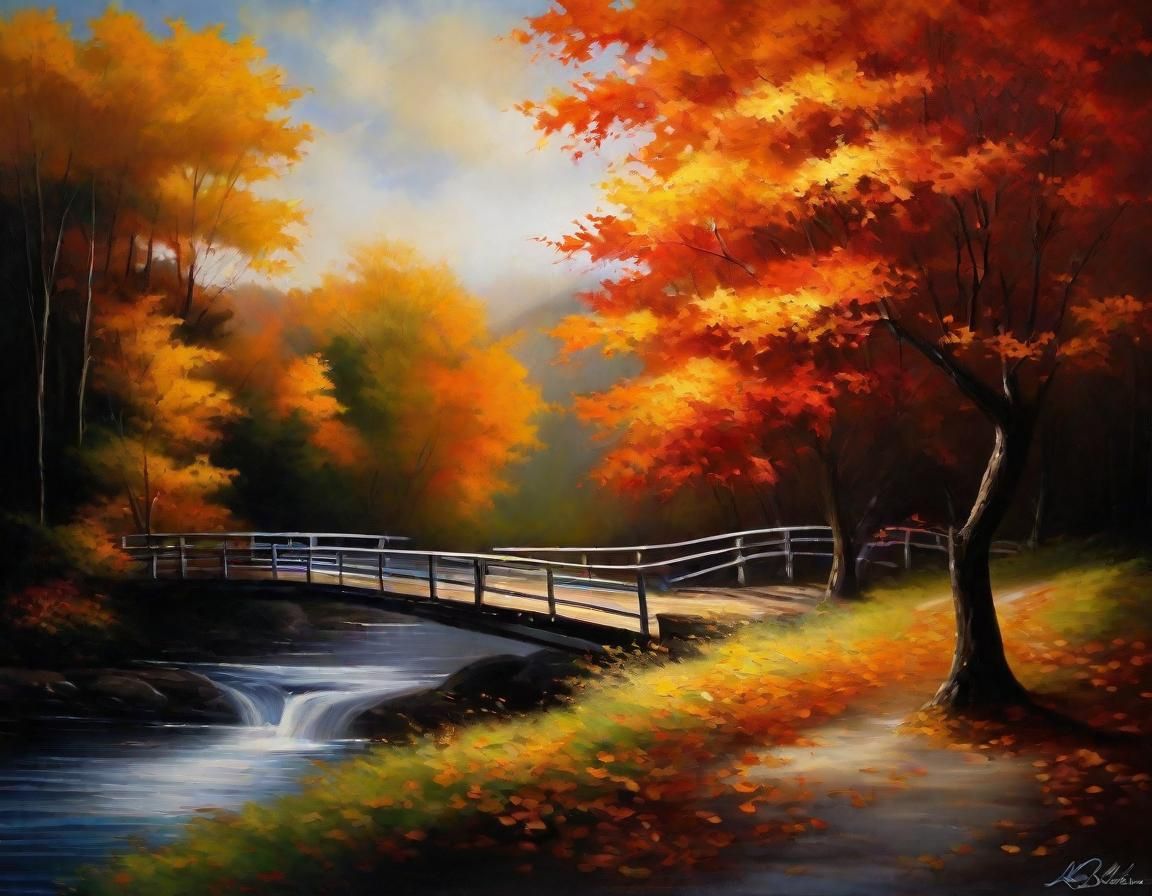 Autumn Bridge Landscape in Gouache Style