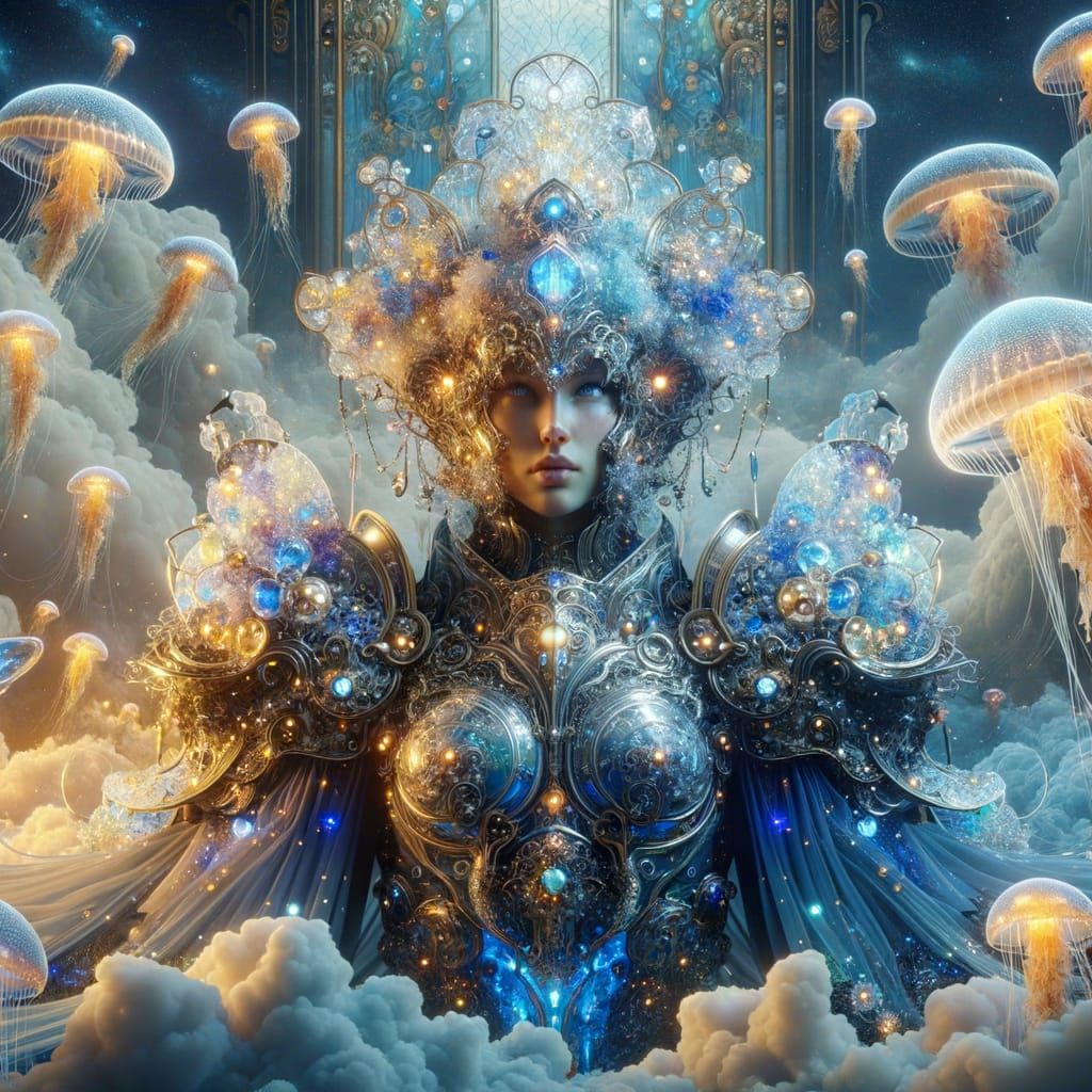 Woman in Luminous Glass Armor with Golden Flowers