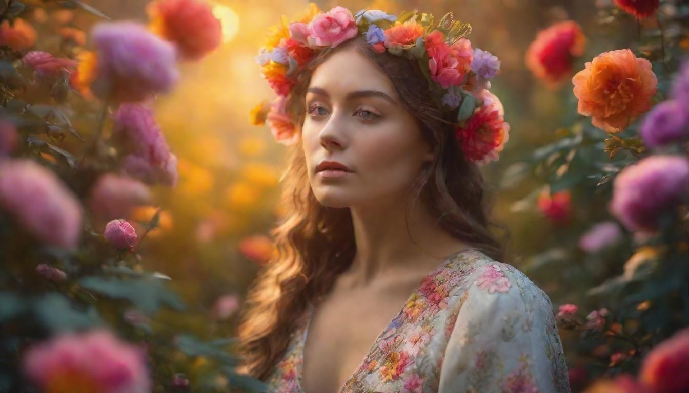 Ethereal Woman Surrounded by Flowers at Sunrise