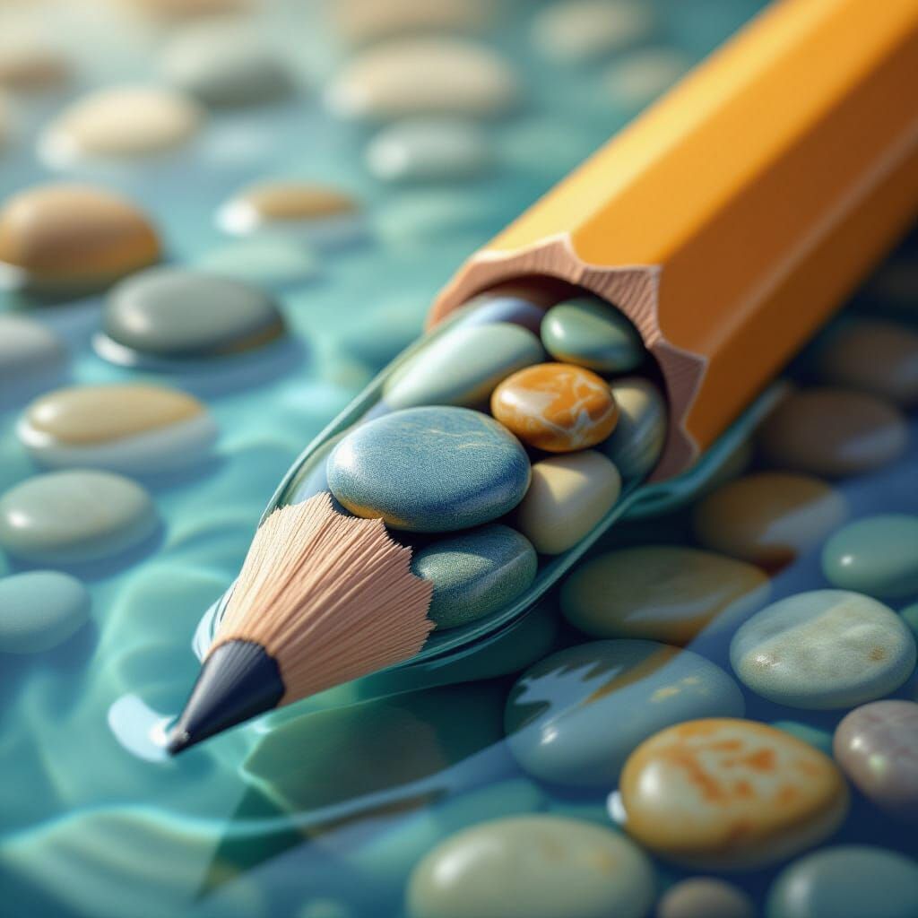 Surreal Pencil Holds Flowing Water and River Stones