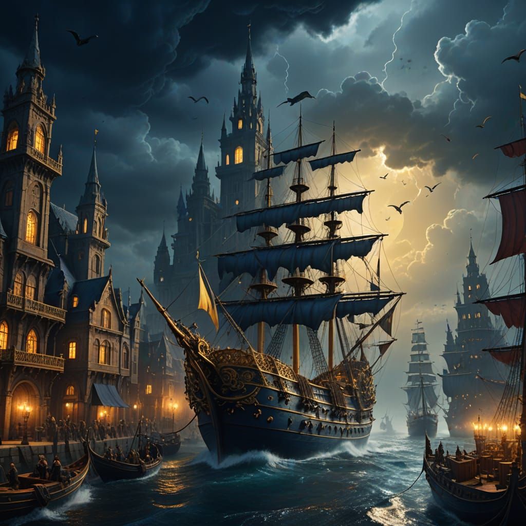 Gothic Fantasy Port City at Dawn