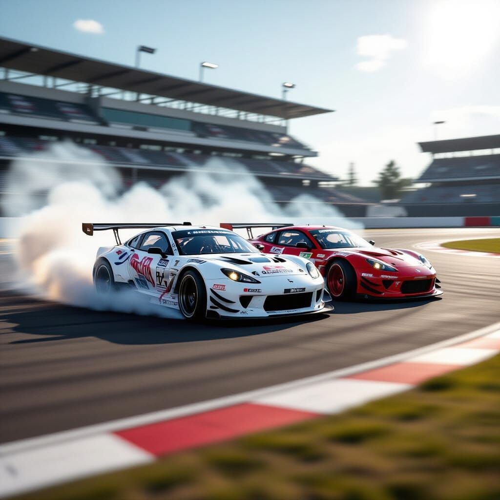 High-Speed Race Cars Drifting on Sunlit Track