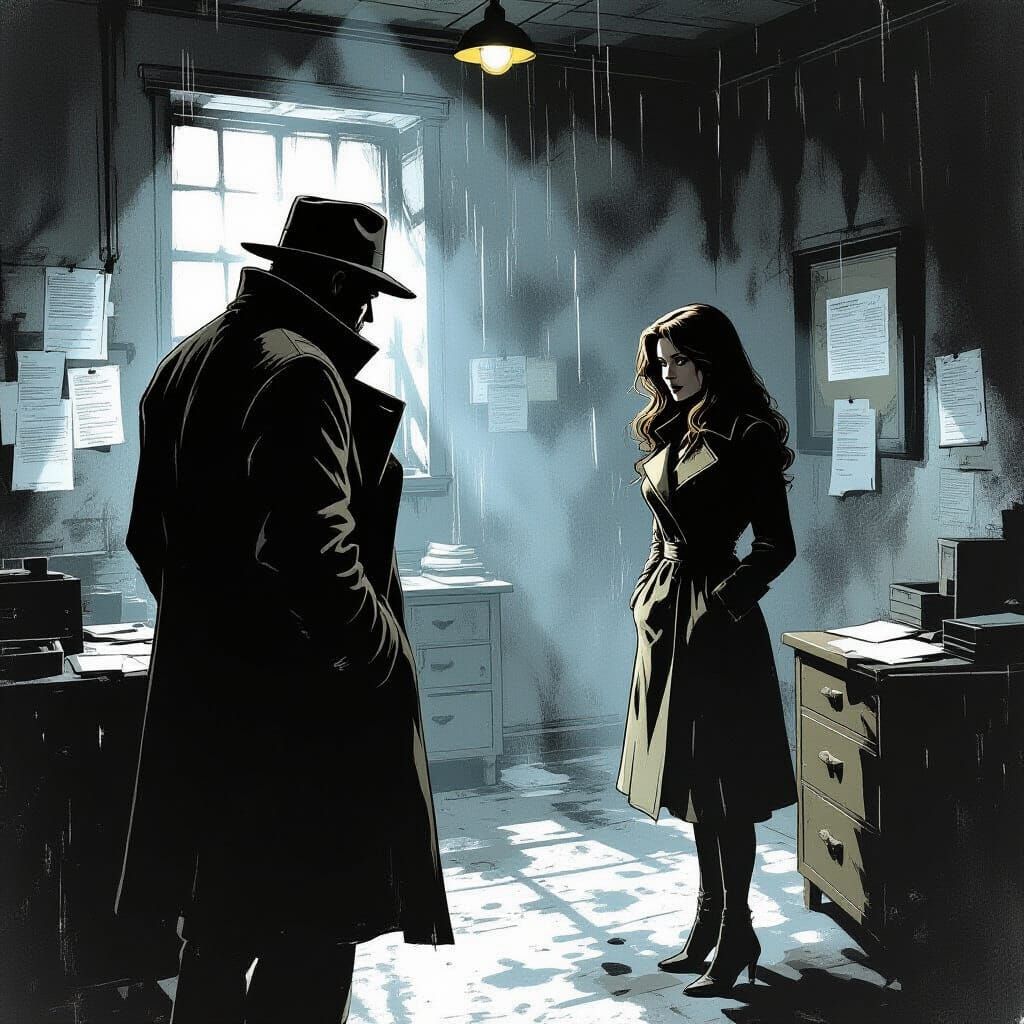 Noir Detective in Dimly Lit Office, Comic Art