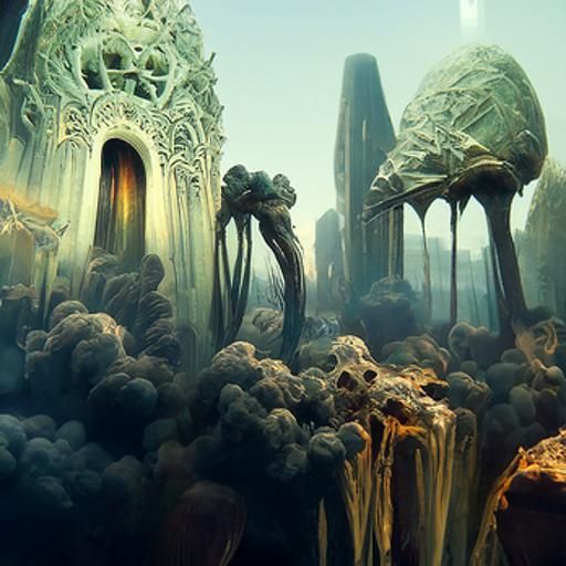 Alien cathedral volumetric lighting 8k resolution concept art, Art Deco, Bauhaus, modernist architecture, rococo baroque...