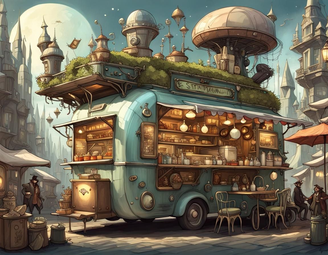 Steampunk Food Truck in Whimsical Metropolis