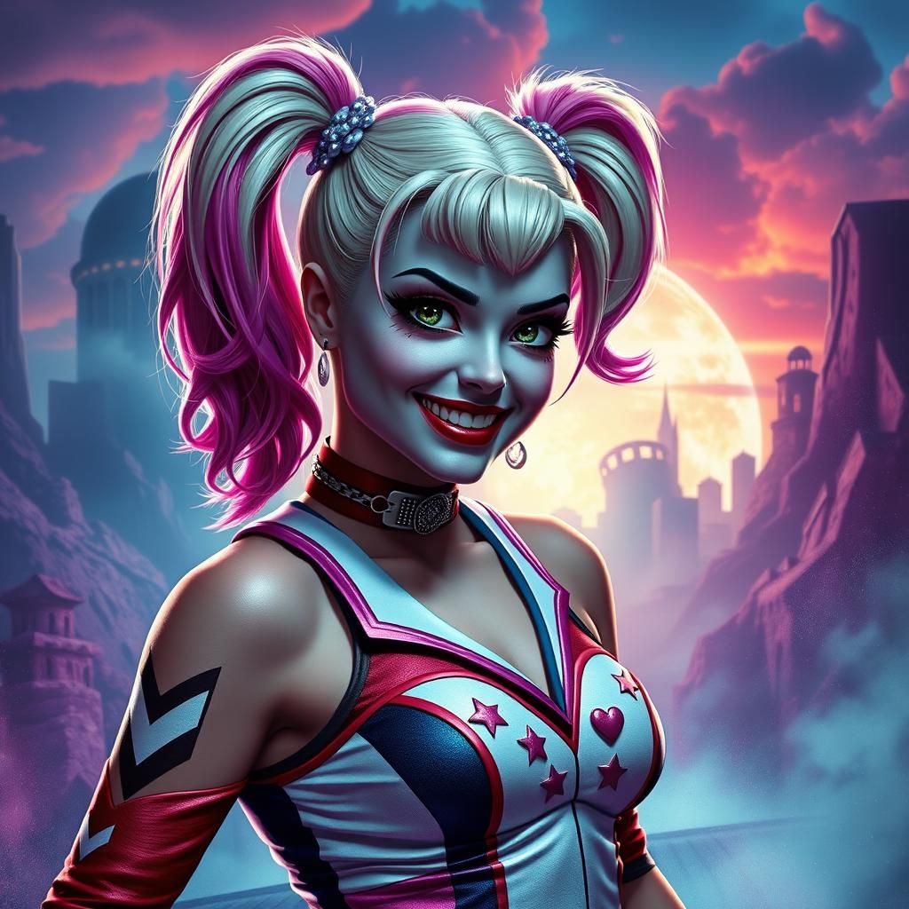 Harley Quinn Cheerleader in Fantasy Landscape