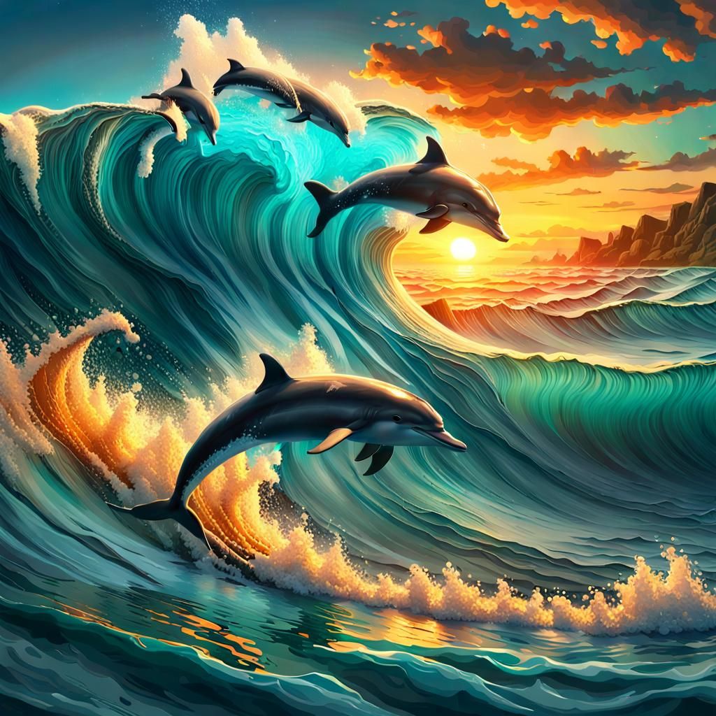 Dolphins Jumping at Sunset: Digital Matte Painting
