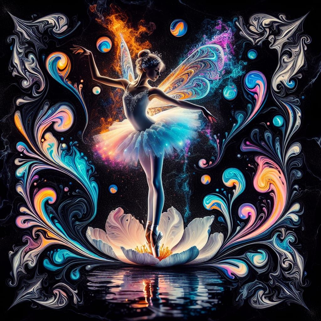 Ebru Art Ballerina Fairy with Bioluminescent Smoke