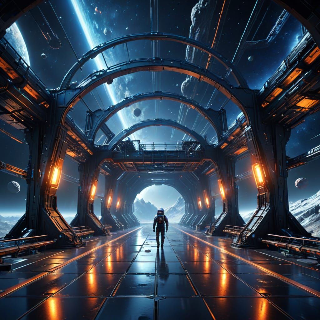 Futuristic Space Bridge Connects Asteroids in Hyperrealistic...