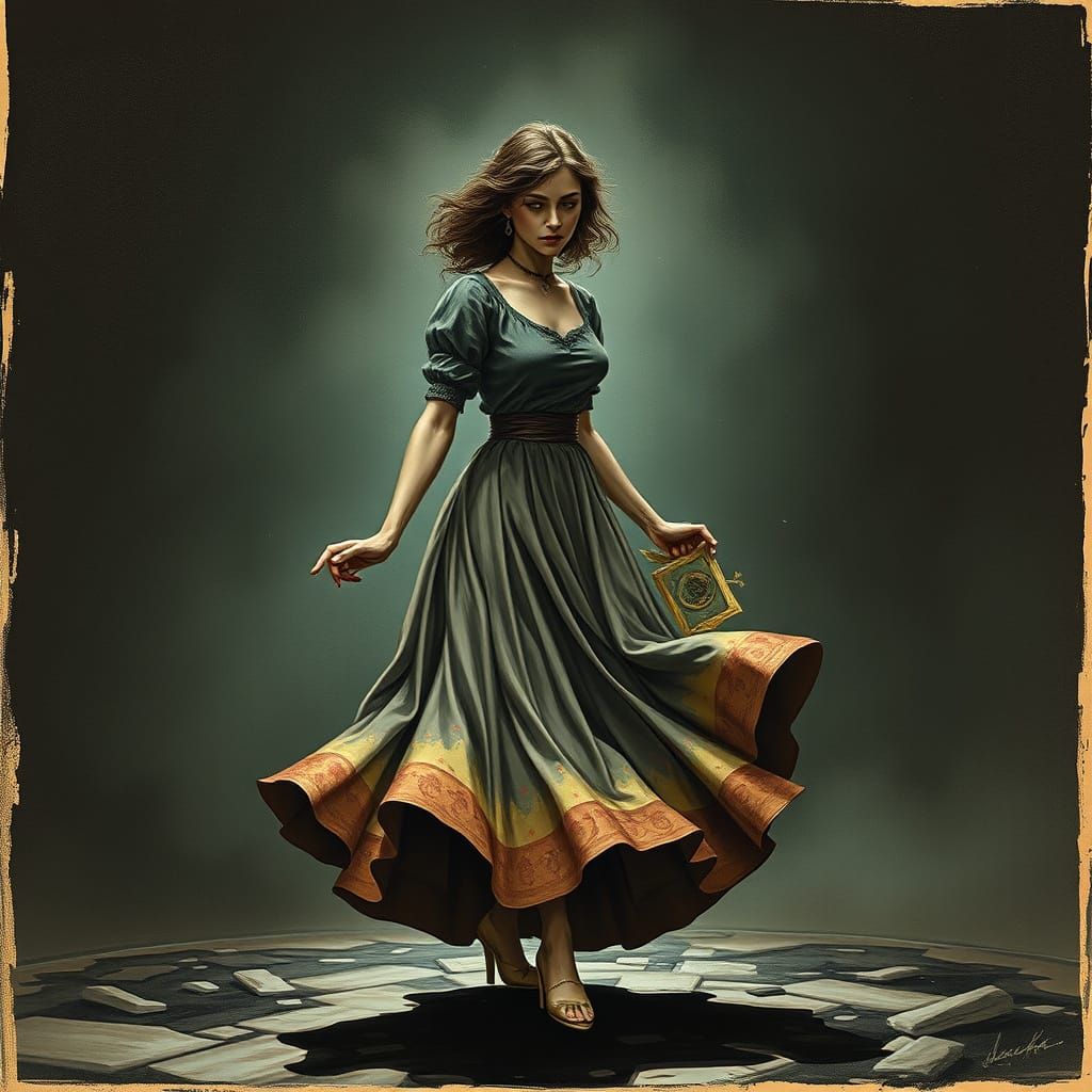 Mother in a Long Skirt, Exuding Stern Conviction in Dark, Ha...