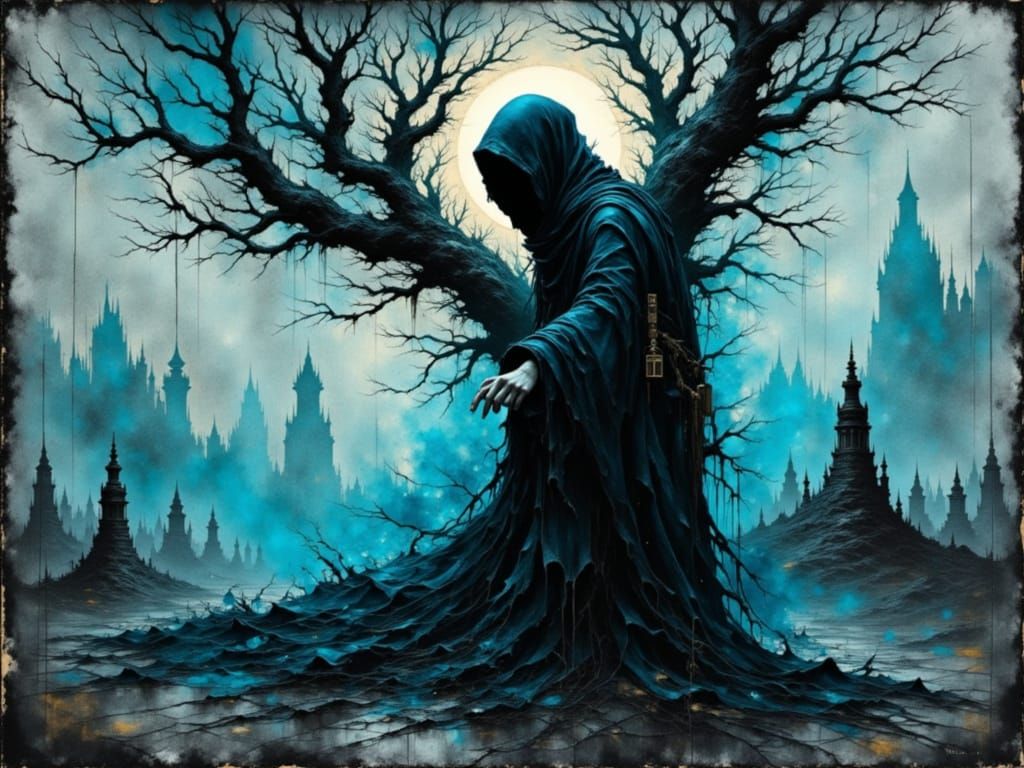 Ethereal Veiled Scholar in Midnight-Ink Vortex