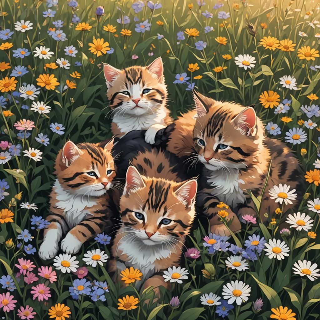 Sleeping Kittens in Wildflower Field: Anime Style