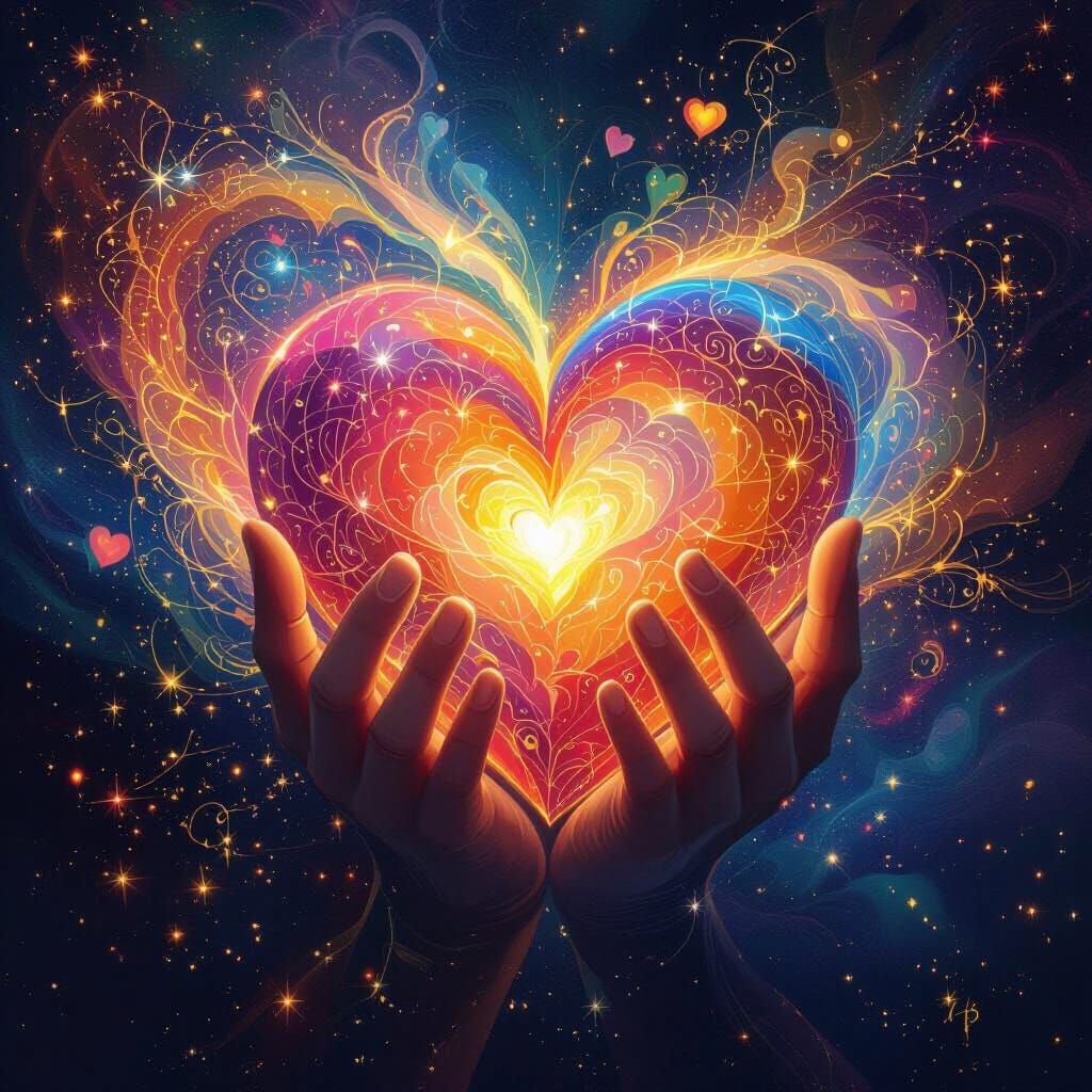 Hugging Hearts With Cosmic Background In Mixed Media