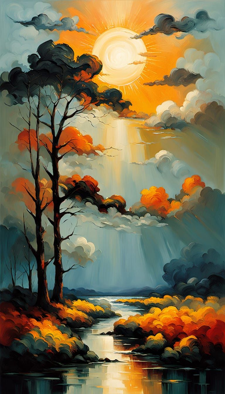 Surreal Impasto Landscape with Golden Sunset
