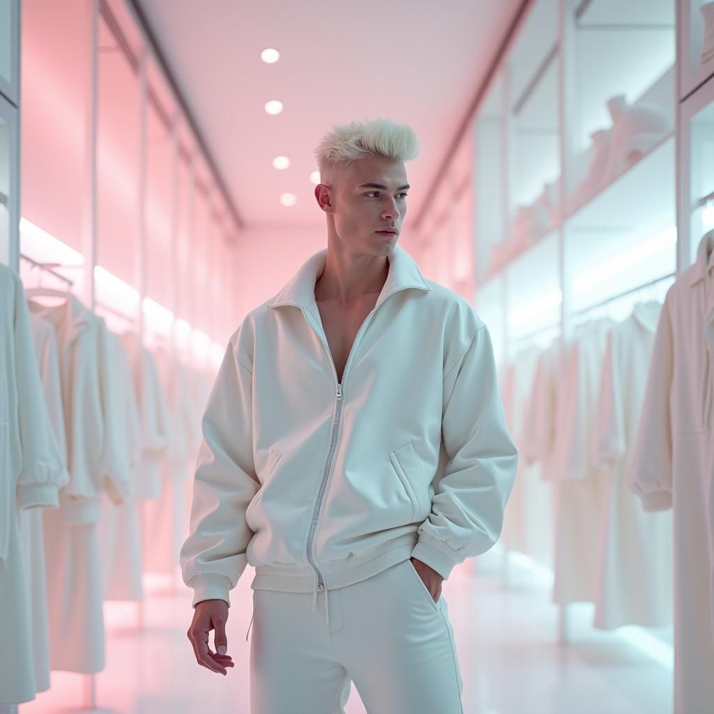 Monochrome Fashion: Man in White in Minimalist Shop