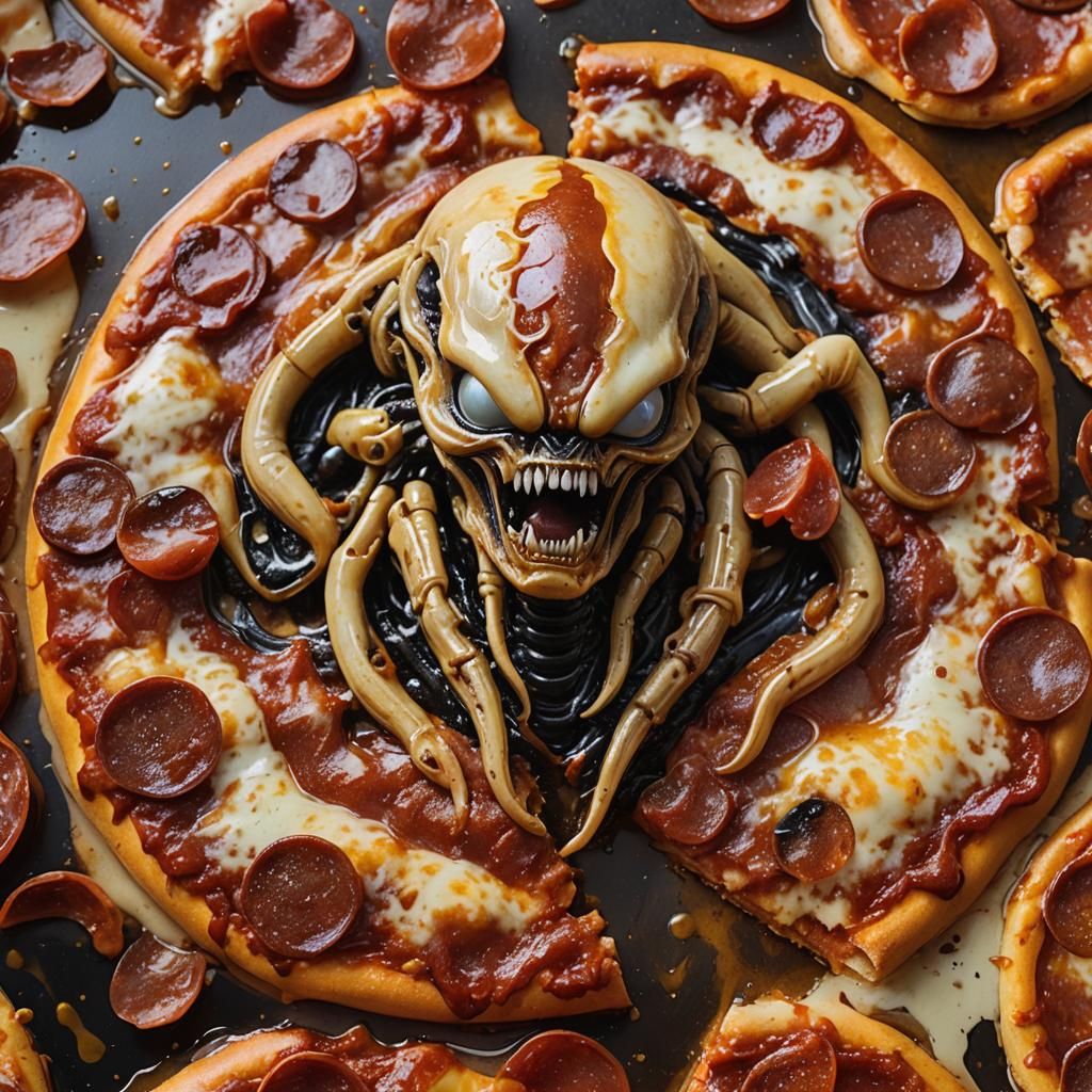 Xenomorph Emerges from Pepperoni Pizza: Food Sculpture