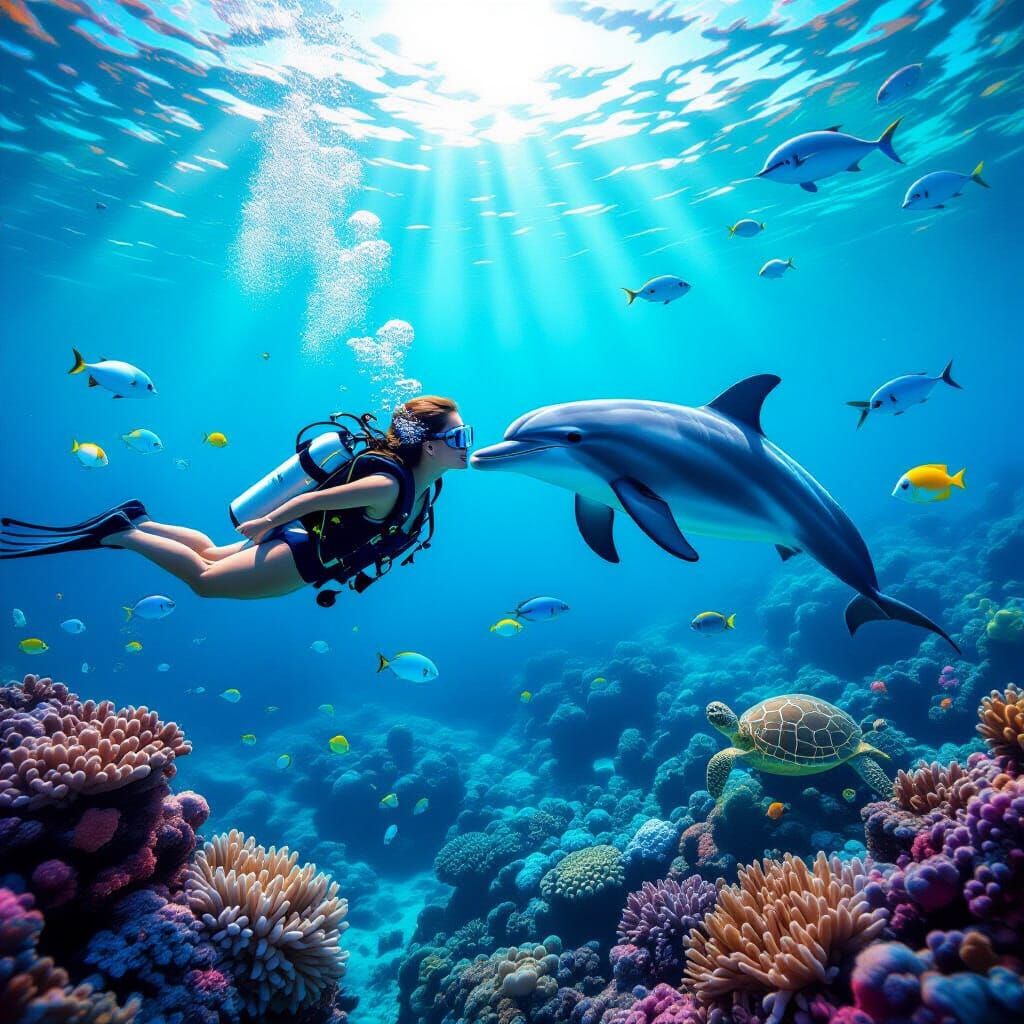 Diver and Dolphin Encounter on a Vibrant Coral Reef
