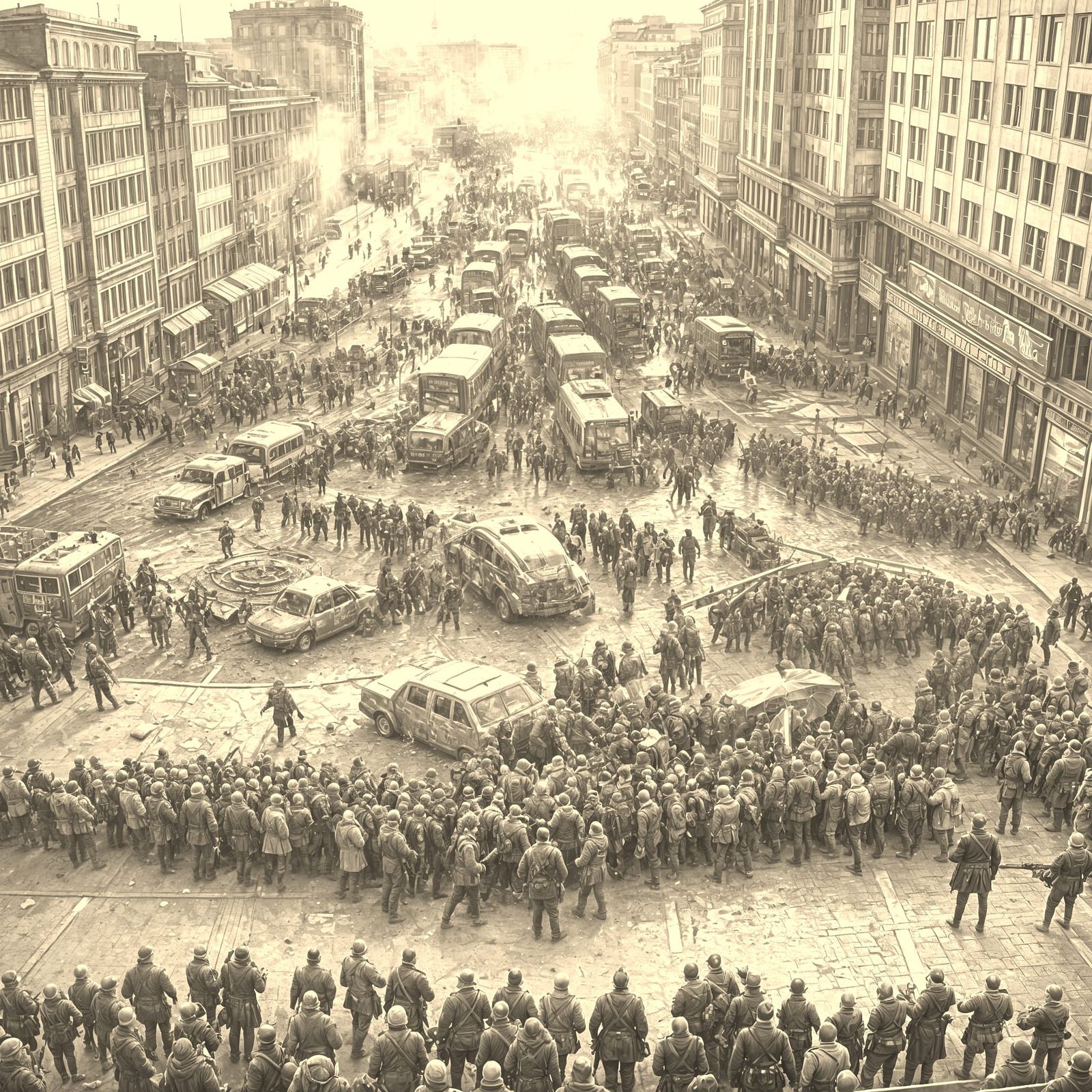 Hyperrealistic Civil War Scene at Berlin Alexanderplatz
