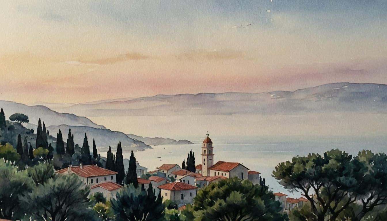 Adriatic Sea Coastal Village Watercolor Painting