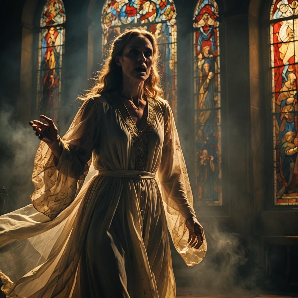 Priest Exorcising Demon from Woman in Gothic Setting