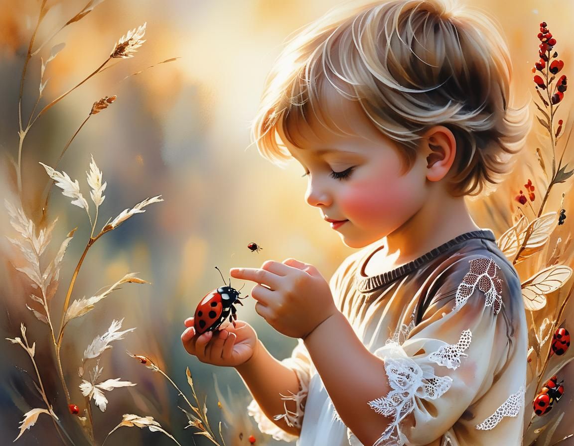 Boy and Ladybug: Watercolor Nature Illustration