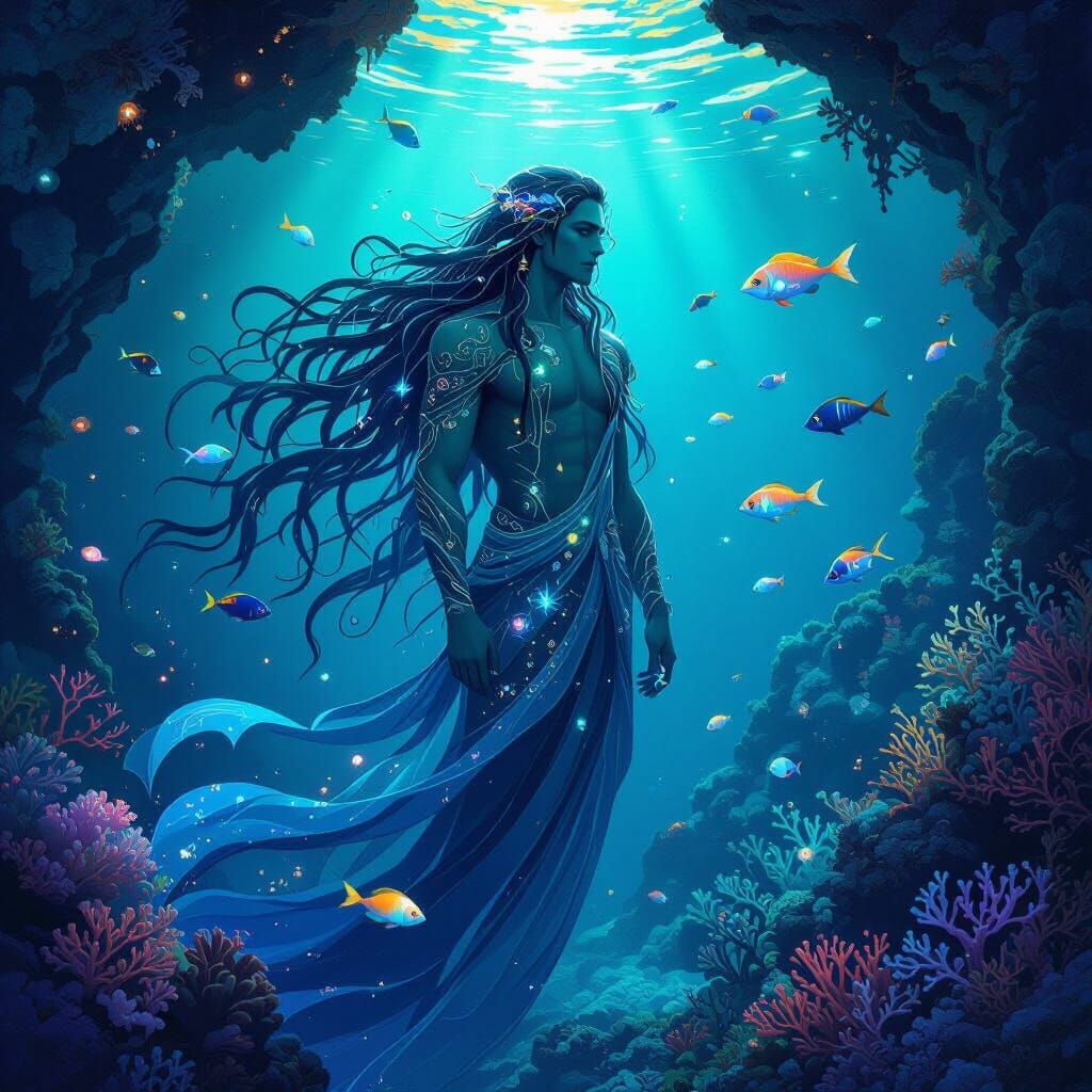 Merman in Coral Grotto in Art Nouveau Style