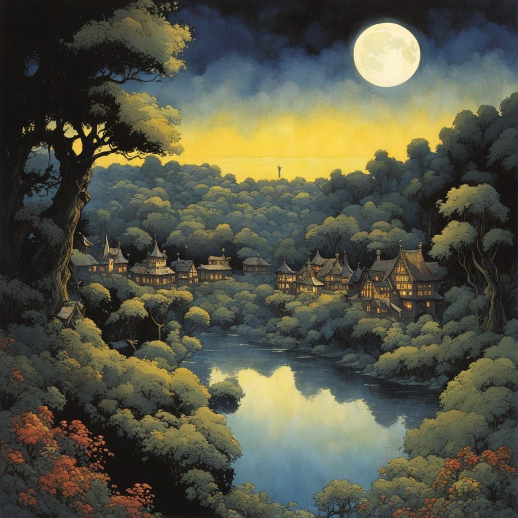Moonlit River Escape: Fantasy Art in Ghibli Style