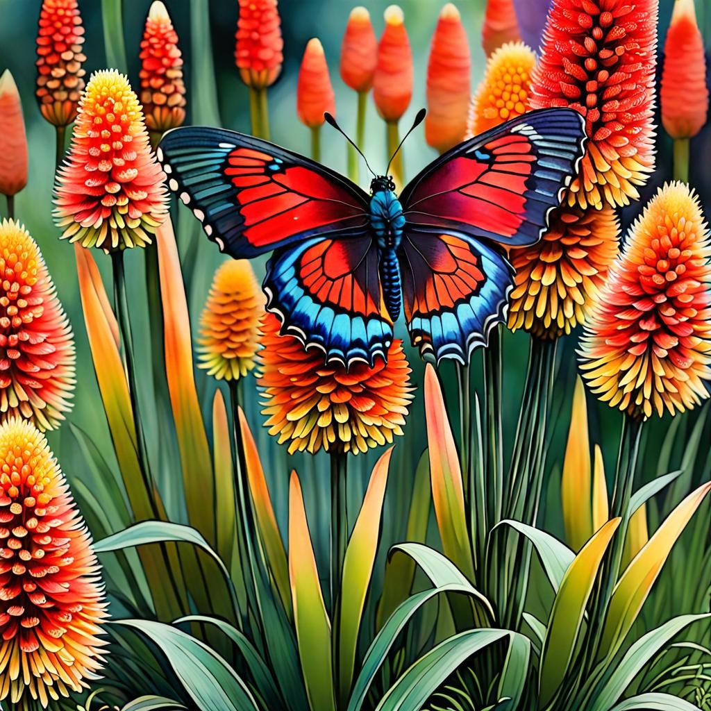 Butterfly on Red Hot Pokers in Alcohol Ink Style