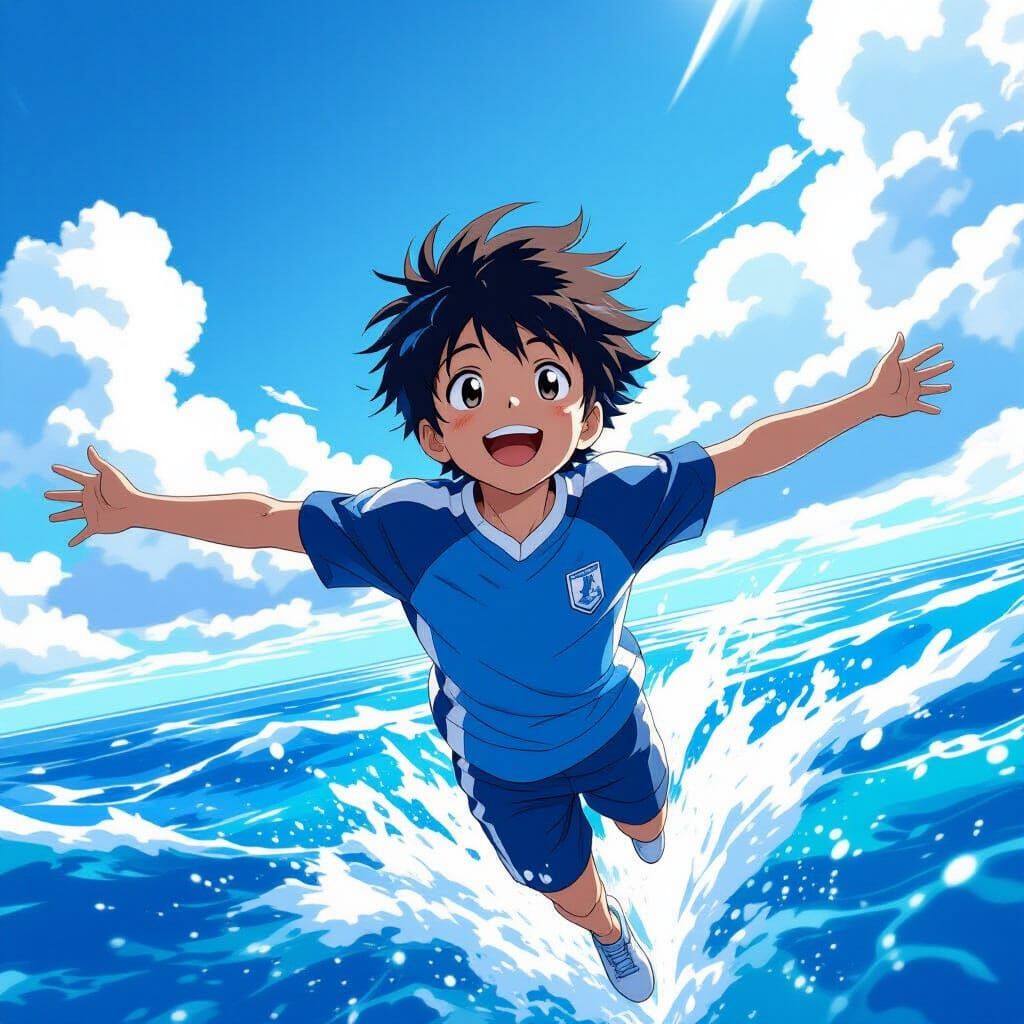 Anime Boy Flying Above Ocean in Vibrant Style