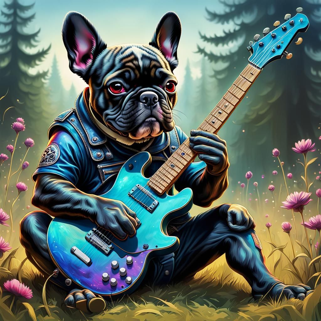 Psychedelic French Bulldog Rocking Electric Guitar
