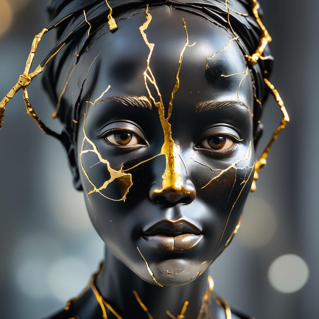 Ebony Kintsugi Sculpture of African Female Face