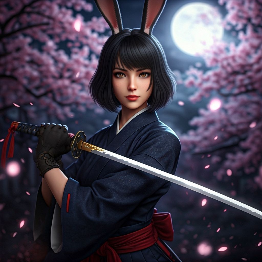 Moonlit Anime Heroine with Katana in Cherry Blossoms