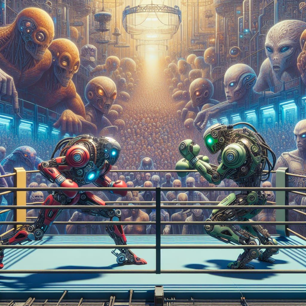Robot Boxing Match with Alien Spectators in Matte Painting
