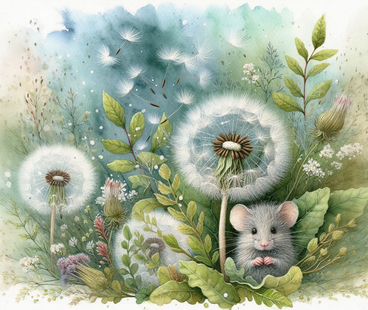 Mouse Peeking Through Dandelions in Watercolour