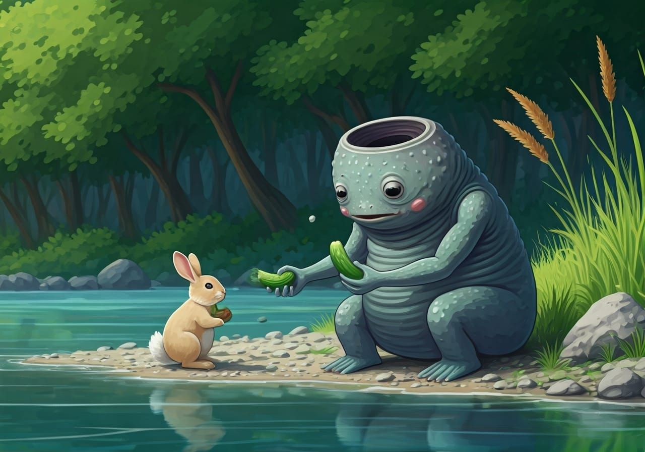 Kappa Sharing Cucumber With Rabbit By River