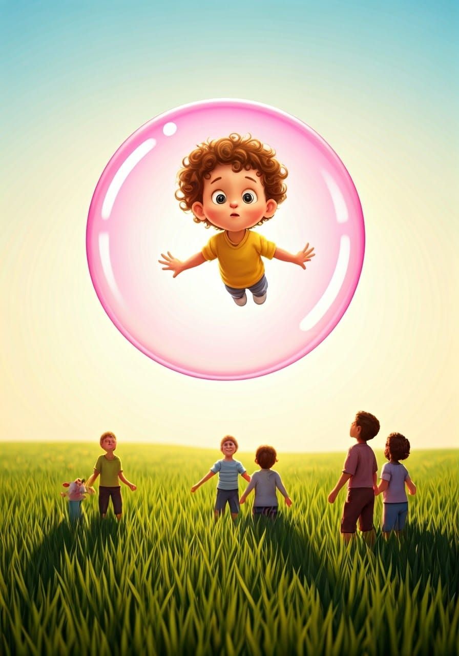 Whimsical Boy in a Glowing Pink Bubblegum Bubble