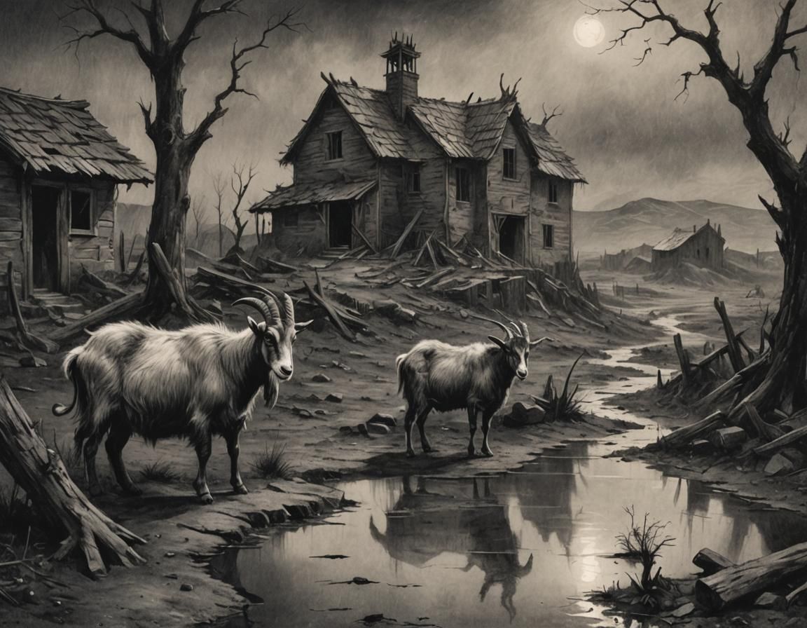 Gloomy Charcoal Goat in Barren Landscape