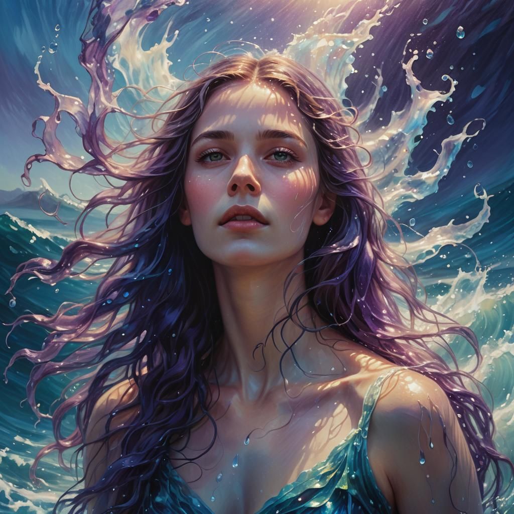 Ethereal Woman Emerges from the Ocean as Oil Painting