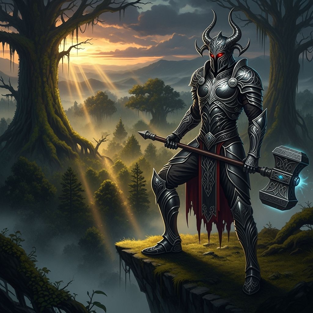 Android Warrior Overlooking Ancient Forest, Dark Fantasy Sty...