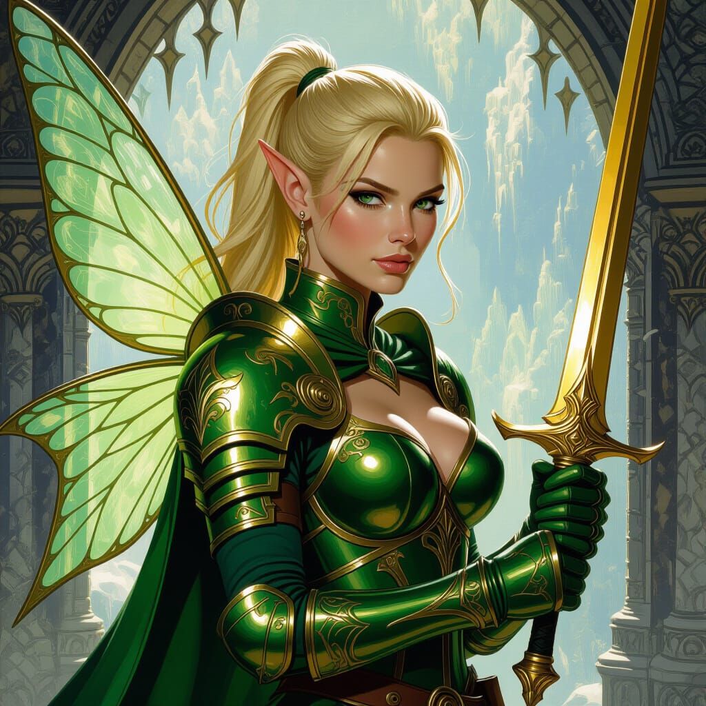 Elf Warrior with Fairy Wings in Oil Painting Style