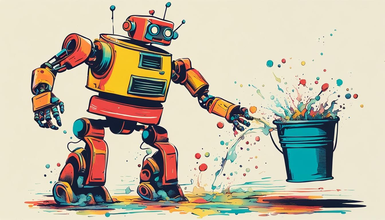 Whimsical Robot Kicks Bucket: Glowing Ink Poster