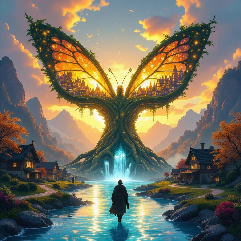 Glowing Butterfly Tree with Villages, Magical Realism
