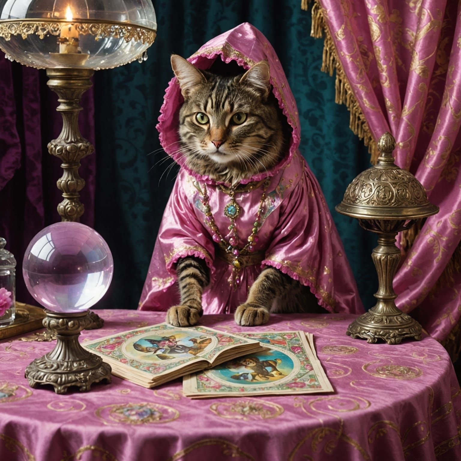 Ethereal Gypsy Tabby Cat Reads Fortune in Mystical Forest