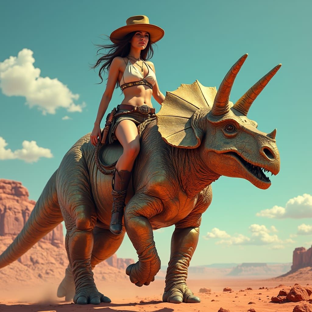 Cowgirl Astride Metallic Triceratops in Desert Landscape