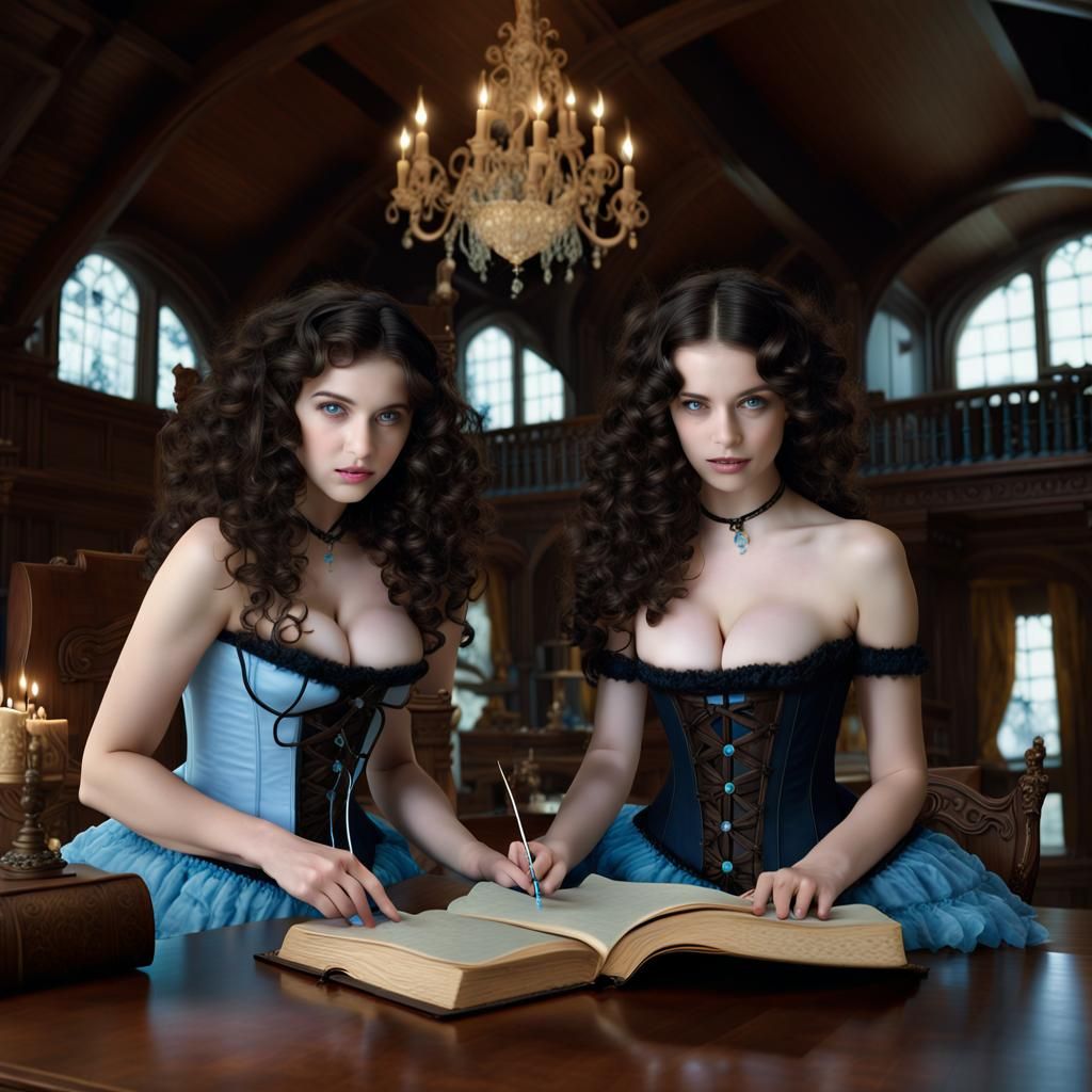 Summer Witch Sisters Studying Spells in Victorian Attic